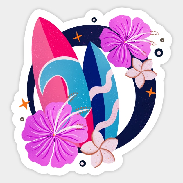 Retro surfboards badge - pink and navy blue Sticker by Home Cyn Home 